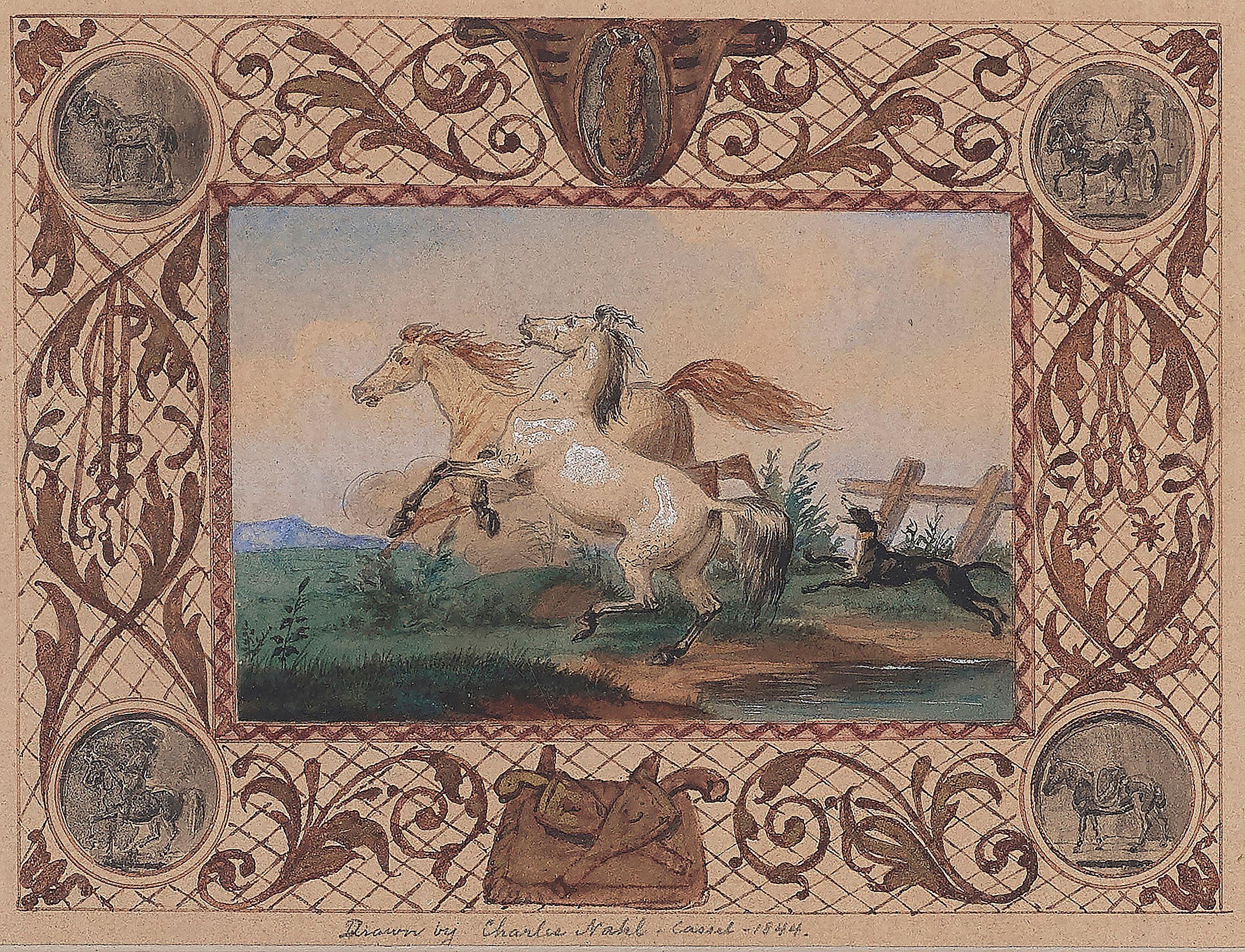 Charles Christian Nahl - Untitled (Two Horses with Dog) sight 3 1/2 x 4 3/4 in. framed 9 1/2 x 11 in.