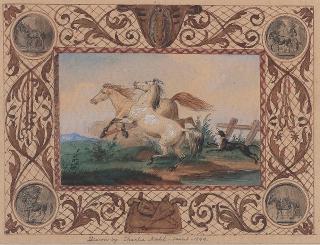 Charles Christian Nahl - Untitled (Two Horses with Dog) sight 3 1/2 x 4 3/4 in. framed 9 1/2 x 11 in.
