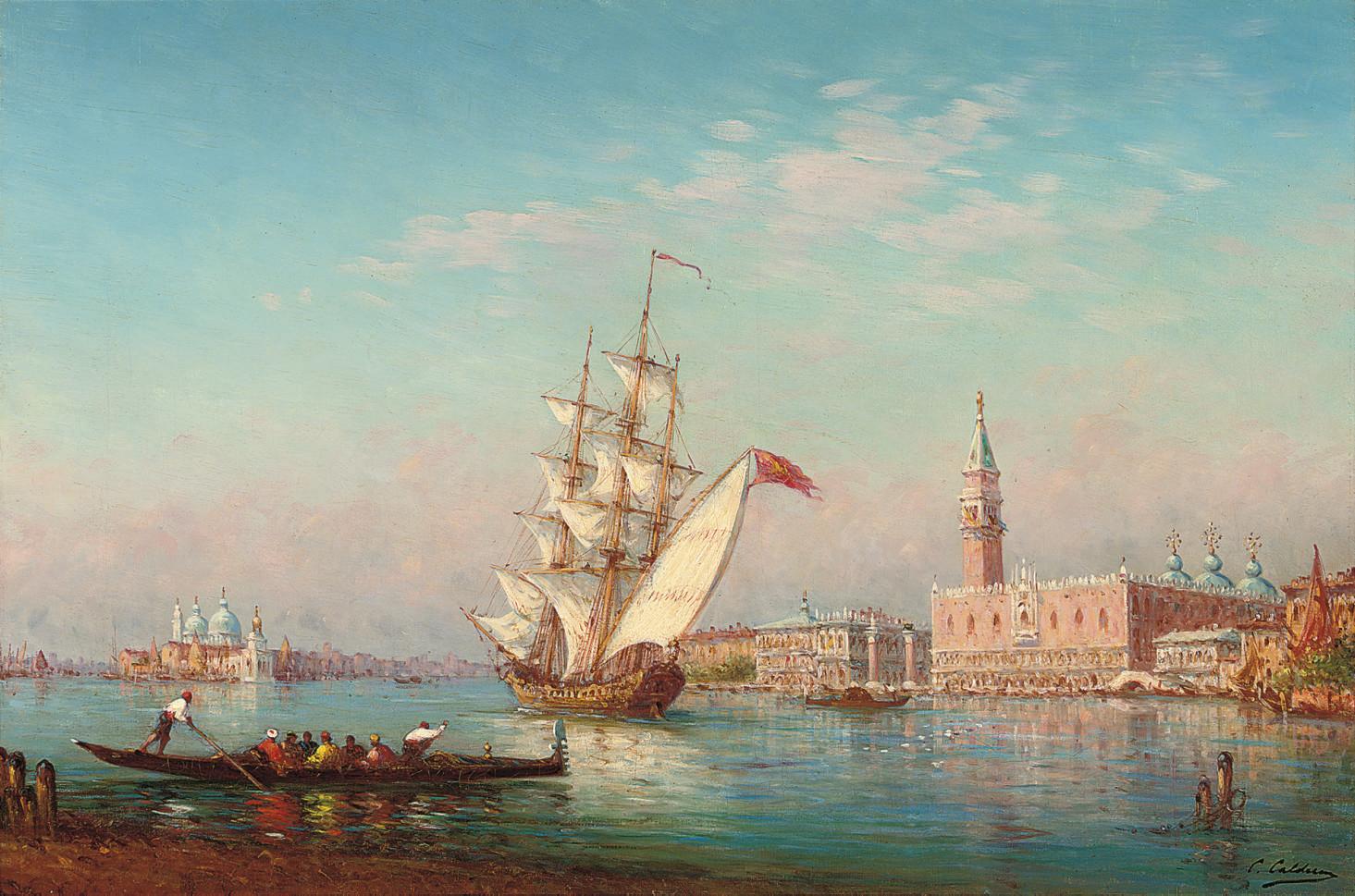 Charles-Clément Calderon - Gondolas and trading vessels before the Doge\'s Palace, Venice