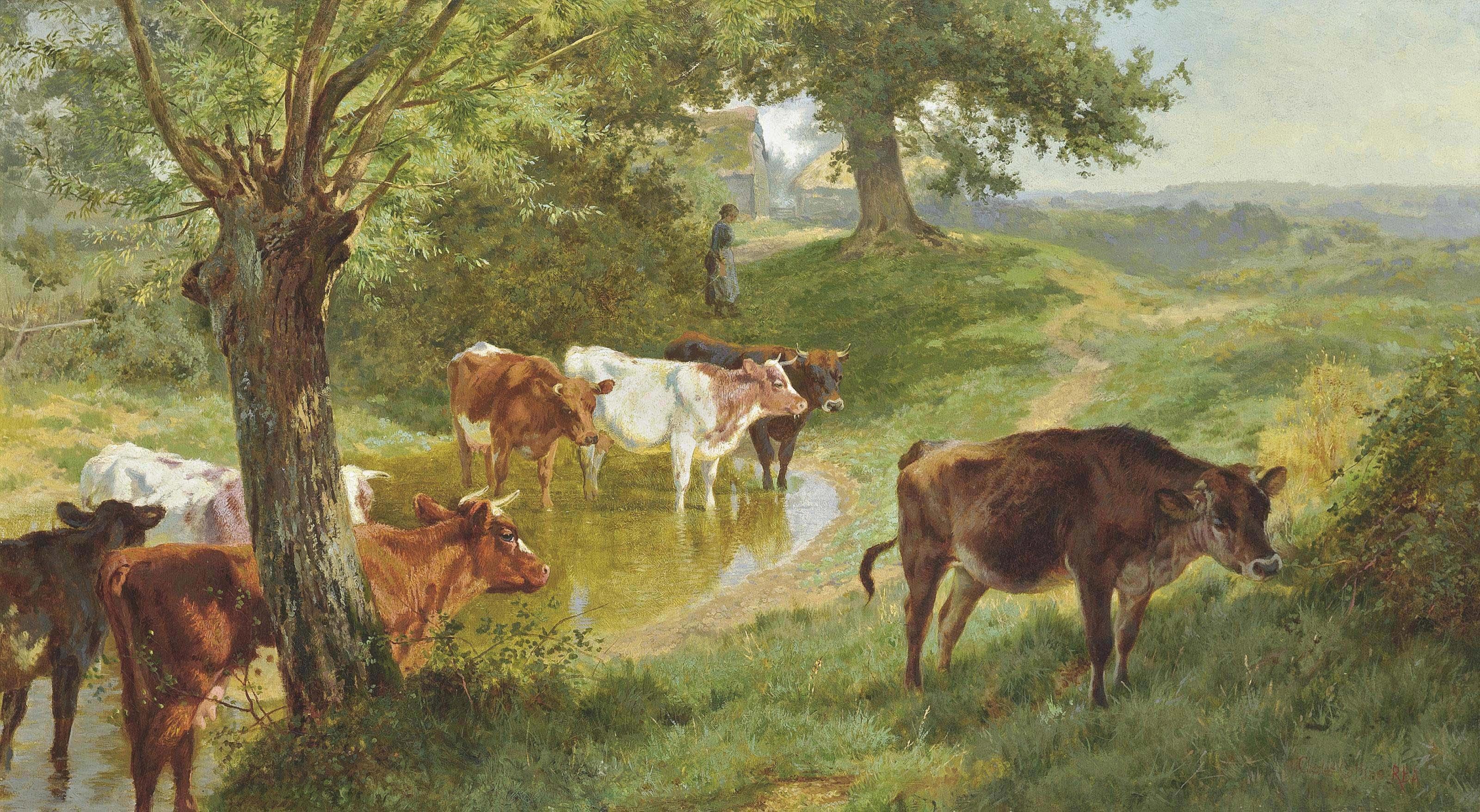 Charles Collins, R.B.A. - Cattle watering at a dew pond