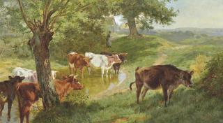 Charles Collins, R.B.A. - Cattle watering at a dew pond