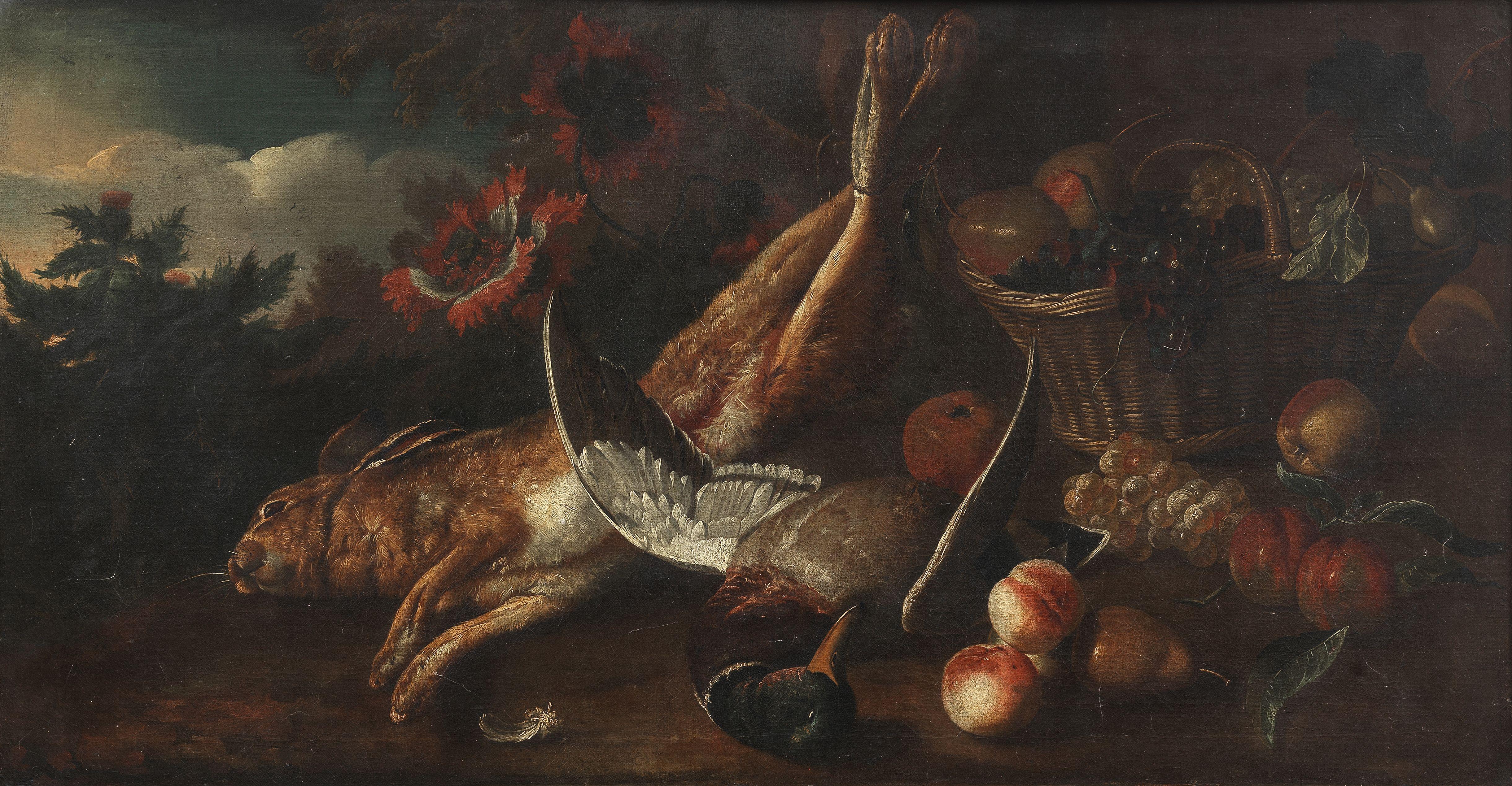 Charles Collins - A Dead Hare And Mallard Beside Of A Basket Of Fruit Before A Landscape