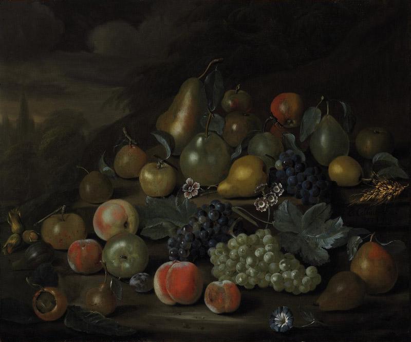 Charles Collins - Still life of pears, peaches, apples, plums, grapes, hazelnuts, and flowers on a bank