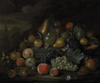 Charles Collins - Still life of pears, peaches, apples, plums, grapes, hazelnuts, and flowers on a bank