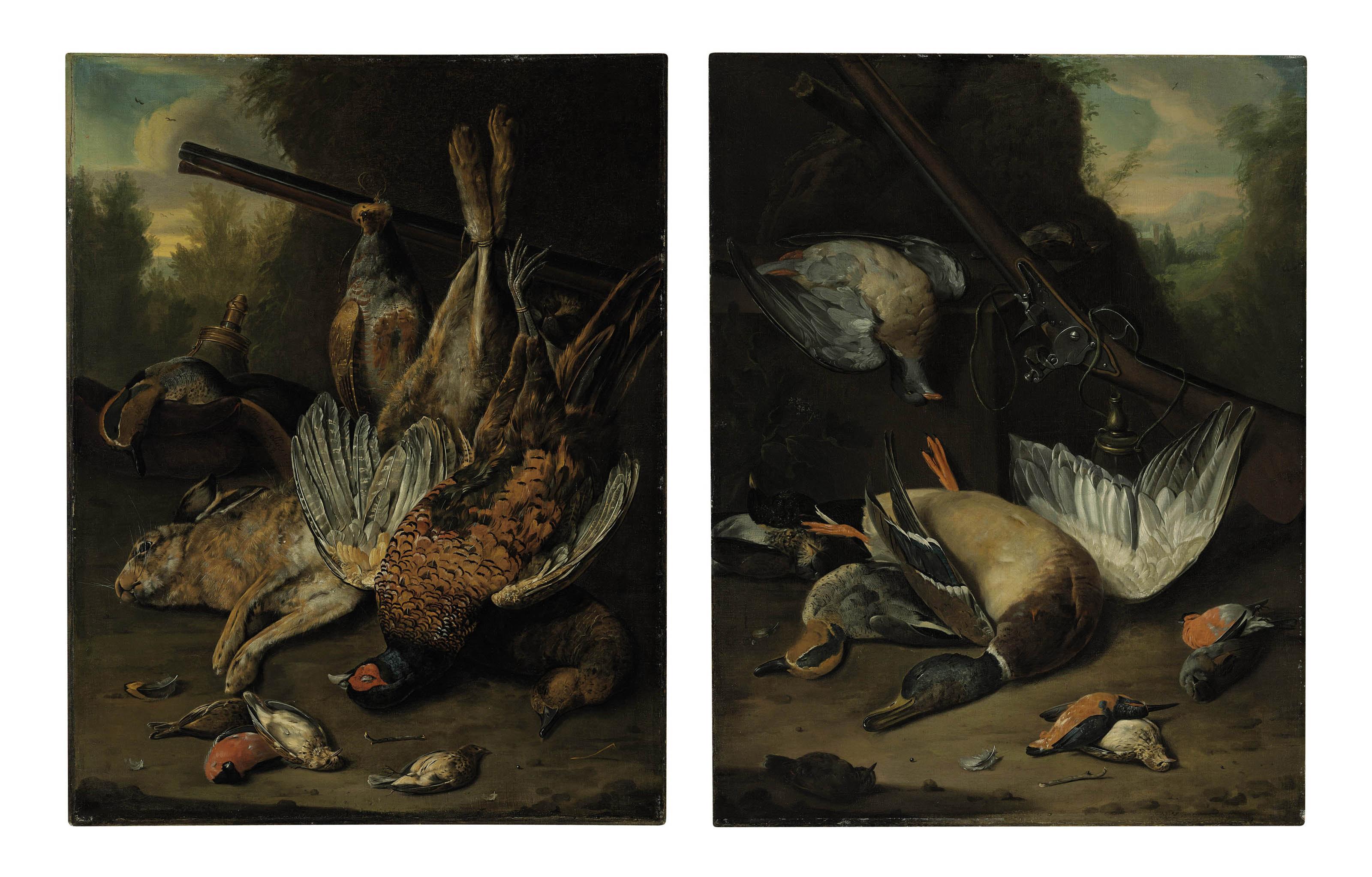 Charles Collins - Still life with a hare, mallard, pheasant, grouse, wood pigeon, kingfisher and a hunting rifle in a landscape; and Still life with a mallard, duck and game birds with a hunting rifle in a landscape