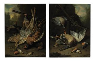 Charles Collins - Still life with a hare, mallard, pheasant, grouse, wood pigeon, kingfisher and a hunting rifle in a landscape; and Still life with a mallard, duck and game birds with a hunting rifle in a landscape