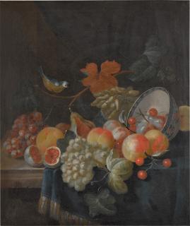 Charles Collins - Still Life With Grapes, Peaches, Plums And Other Fruit, A Porcelain Bowl, And A Blue Tit, All On A Draped Table