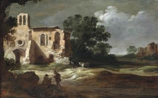Charles Cornelisz de Hooch - An Italianate landscape with figures by classical ruins