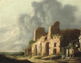 Charles Cornelisz. De Hooch - An Italiante landscape with ancients ruins