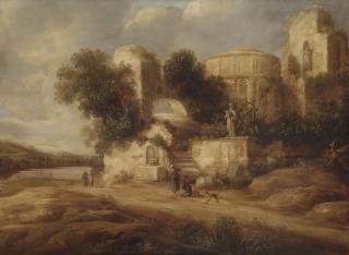Charles Cornelisz. de Hooch - Travellers by ancient ruins with a man praying to a statue