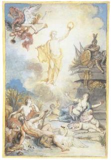 Charles Coypel - Une allégorie de la mort du Régent: Apollon couronnant un tombeau, à gauche une Victoire, près du tombeau un dieu-fleuve et un nymphe, les Arts éplorés assis à coté de putti, l\'un endormi sur un cahier à dessin