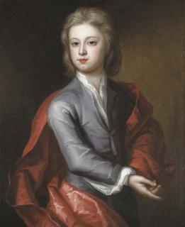 Charles D\'Agar - Portrait of a boy, half-length, in a lilac coat and red cloak