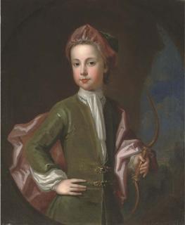 Charles d\'Agar - Portrait of A Young Gentleman of The Halsey Family, Three-Quarter-Length, In A Green Coat And Hat With A Pink Cloak, Holding A Bow In His Left Hand, In A Landscape, Feigned Oval