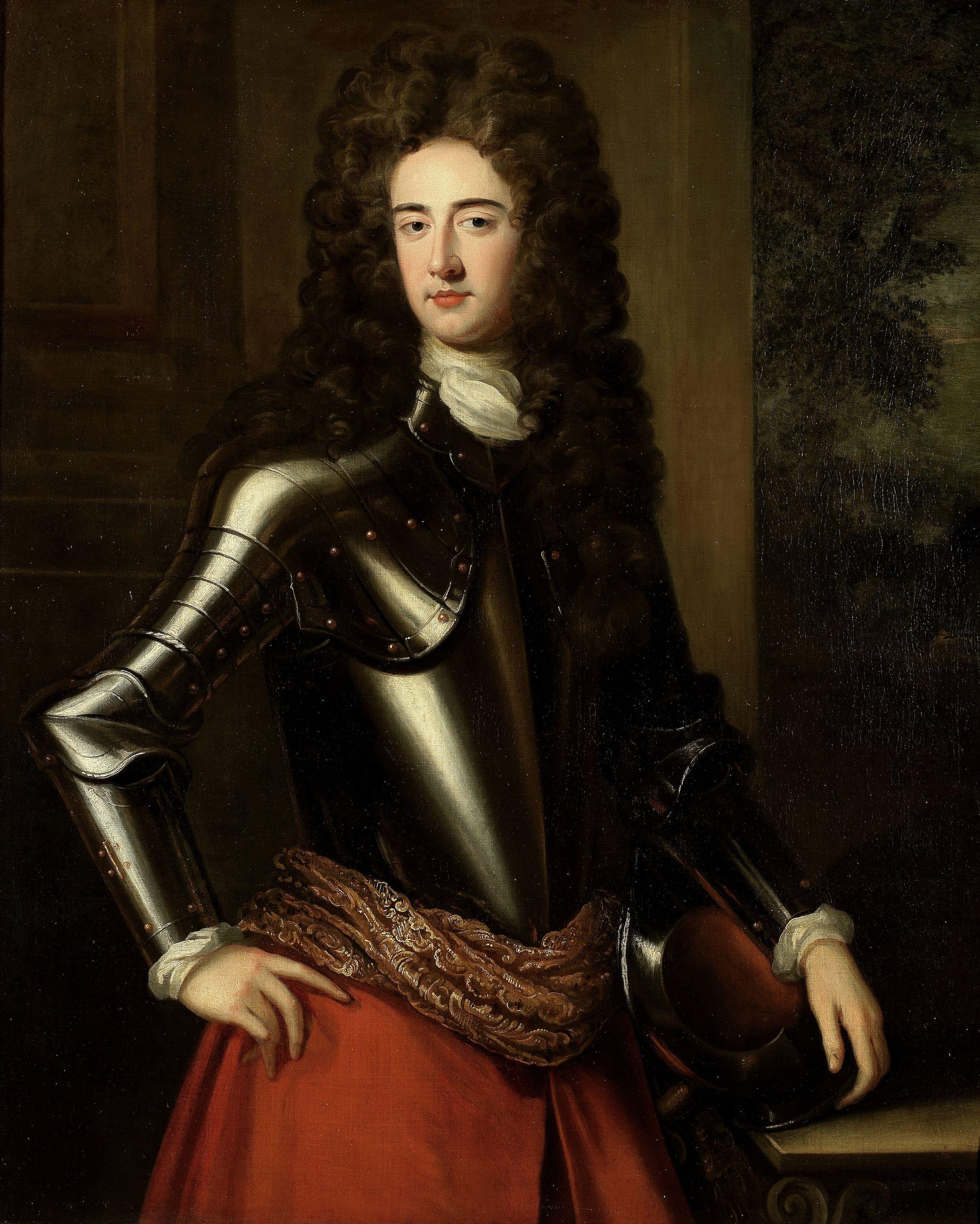Charles D\'Agar - Portrait of John Churchill, 1st Duke of Marlborough, three-quarter-length, in armour and an embroidered sash, holding a helmet, standing beside a stone plinth with a landscape beyond
