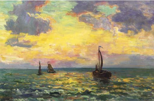 Charles Dankmeyer - Avondstemming Noordzee: sailingvessels on the Northsea at sunset