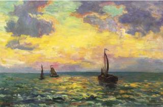Charles Dankmeyer - Avondstemming Noordzee: sailingvessels on the Northsea at sunset