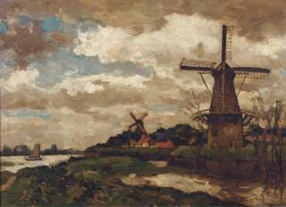 Charles Dankmeyer - Omgeving Woudrichem: windmills by a river