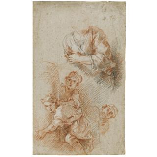 Charles De La Fosse - Three Children Peering From Behind A Column And A Study Of A Man\'S Torso