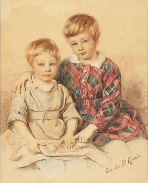 Charles De Saint-Mémin - Portrait De Deux Jeunes Garçons Assis, Regardant Un Livre D\'Images