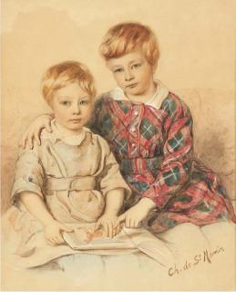 Charles De Saint-Mémin - Portrait De Deux Jeunes Garçons Assis, Regardant Un Livre D\'Images