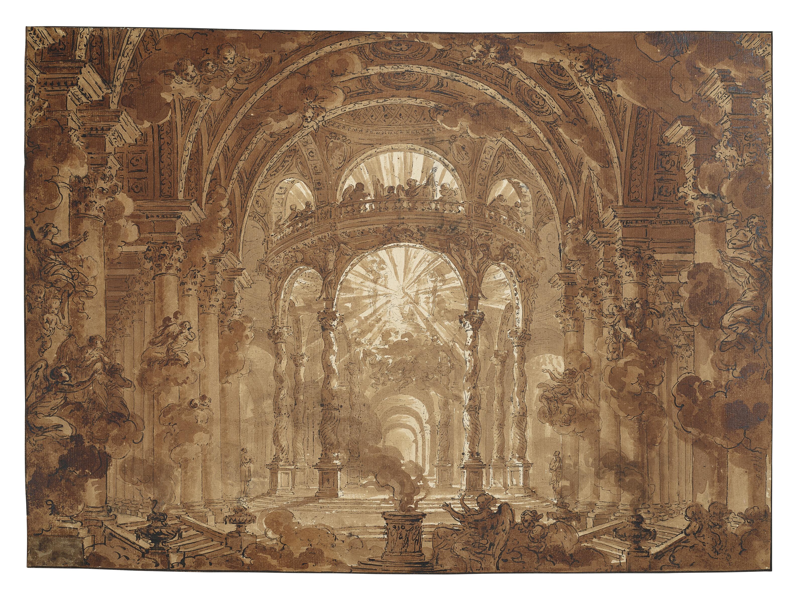 Charles de Wailly - A stage design representing the appearance of God the Father, surrounded by angels, in a celestial palace