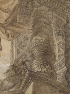 Charles De Wailly - Caprice architectural avec une colonne salomonique, un plafond à caissons et la statue d’un général