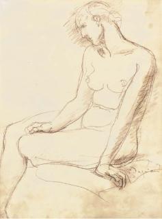 Charles Despiau - Nu Assis Au Chignon, Jambe Gauche Repliée, Main Droite Reposant Sur Le Genou Gauche, Tête Inclinée Vers la Droite