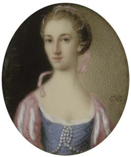 Charles Dixon - A young lady in blue dress with pearls at corsage, pink and white sleeves, pink ribbon and pearls in her fair hair