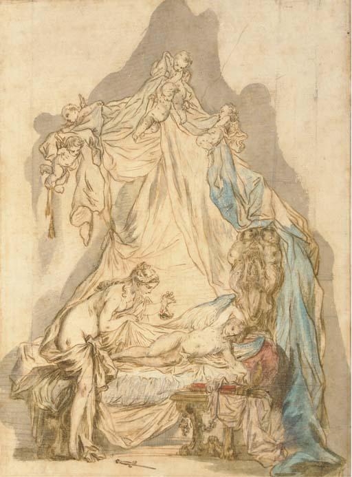 Charles-Dominique-Joseph Eisen - Psyché regardant l\'Amour endormi sous un baldaquin soutenu par des putti