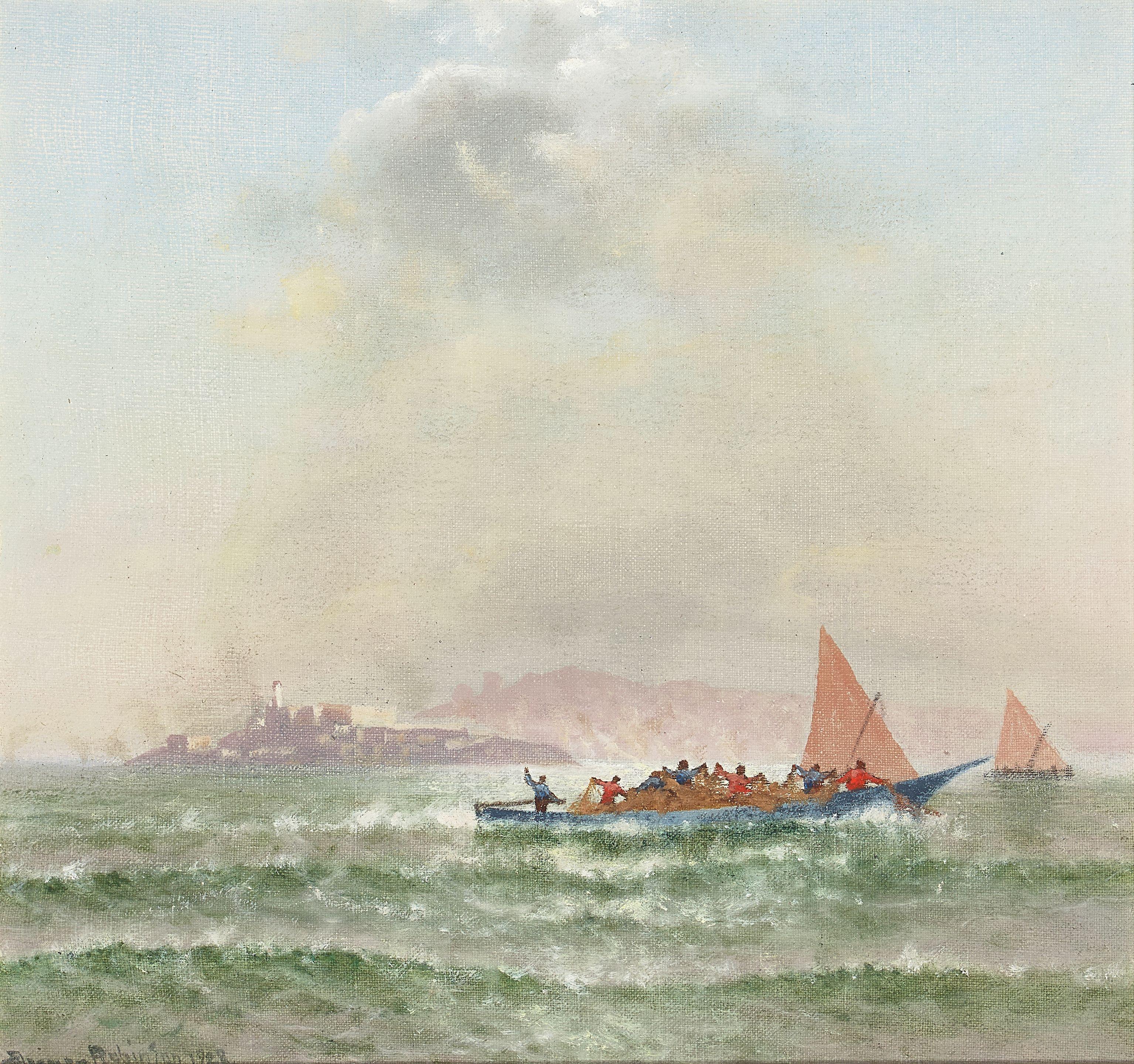 Charles Dormon Robinson - Boats on the Bay with Alcatraz Beyond 11 x 12 in. framed 17 x 18 in.
