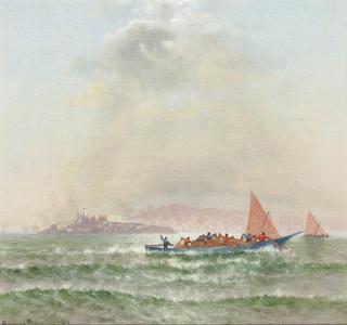 Charles Dormon Robinson - Boats on the Bay with Alcatraz Beyond 11 x 12 in. framed 17 x 18 in.
