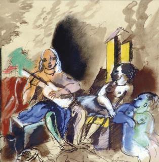 Charles Dufresne - A Musician With Two Nudes In An Interior