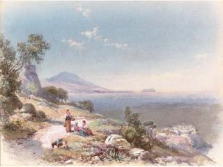 Charles Edmund Rowbotham - Figures with a donkey resting by the steps overlooking the bay, near Miseno, Bay of Naples