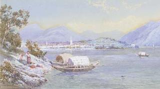Charles Edmund Rowbotham - Mothers with their children on the banks of Lago Maggiore; and Idle gossip on the edge of an Italian lake