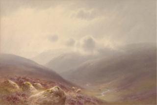 Charles Edward Brittan - Sheep grazing on the moors below low-lying clouds (illustrated); and Dusk, on the moors