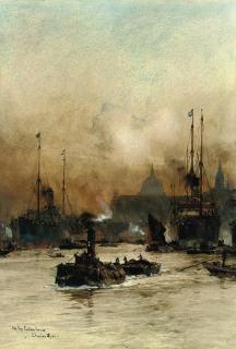Charles Edward Dixon, R.I. - Bustling activity on the Thames before the Customs House