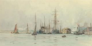 Charles Edward Dixon, R.I. - Hulks and other shipping moored at a wharf