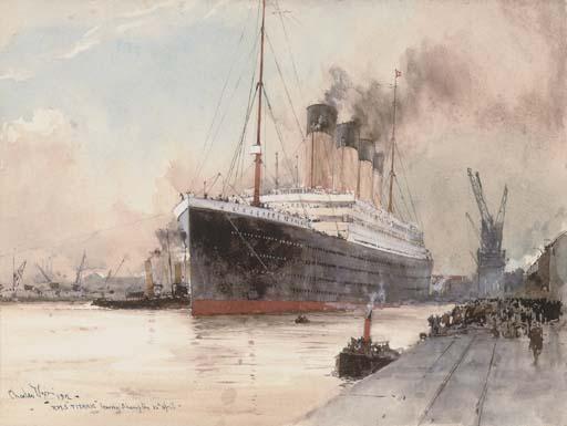 Charles Edward Dixon, R.I. - R.M.S. Titanic clearing the dockside at Southampton, 10th April, 1912