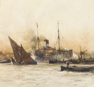 Charles Edward Dixon - A steam boat with barges in the foreground