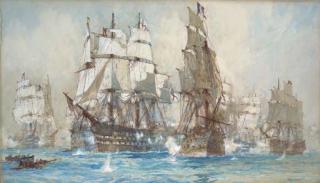Charles Edward Dixon - H.M.S. Victory breaking through the enemy line at Trafalgar, 21st October, 1805