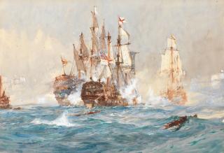 Charles Edward Dixon - HMS Victory engaging Santísima Trinidad at the Battle of Trafalgar