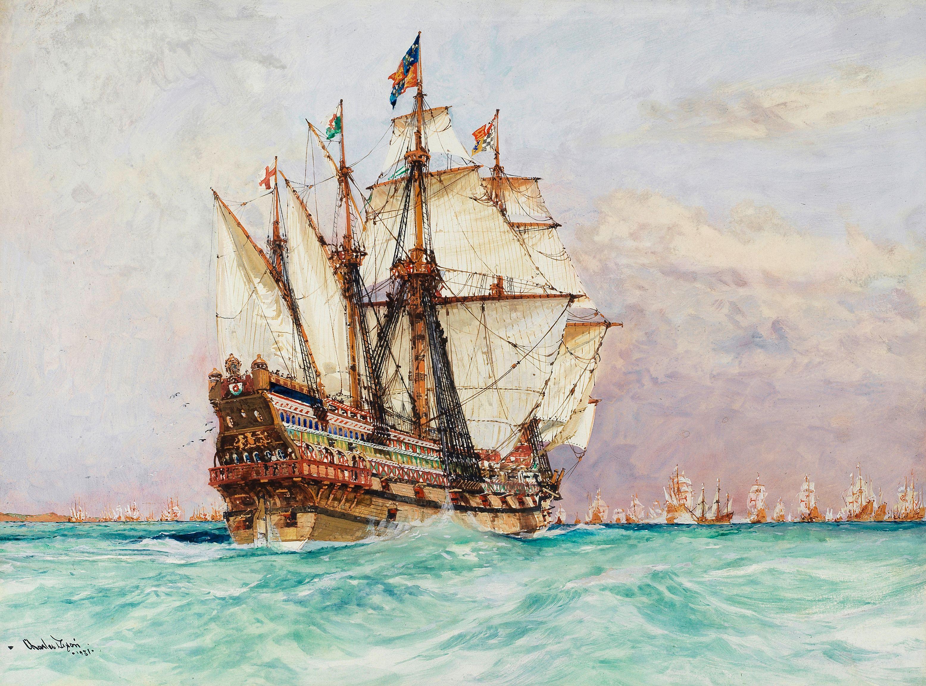 Charles Edward Dixon - The Ark Royal amongst a large fleet