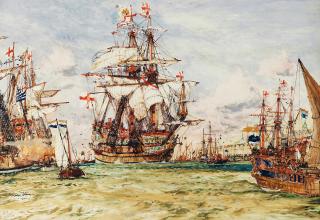 Charles Edward Dixon - The arrival of the Elector and Electress Palatine at Flushing in May 1613 aboard the Prince Royal