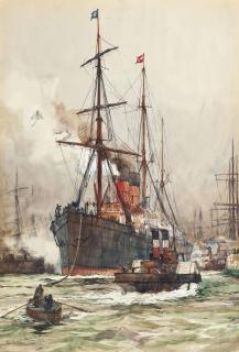 Charles Edward Dixon - The Aurania Under Escort As She Leaves The Harbour At Liverpool
