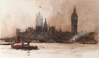 Charles Edward Dixon - The Houses of Parliament, from the river Thames