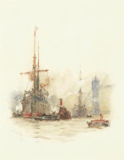 Charles Edward Dixon - \'The Lucitania Coming Up New York Harbour\', Together With Three Further Works By The Same Hand Each 17.5 X 13.5Cm (6 7/8 X 5 5/16In).(4)