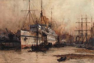 Charles Edward Dixon - The P. & O. Liner Medina at the quayside in her royal yacht livery