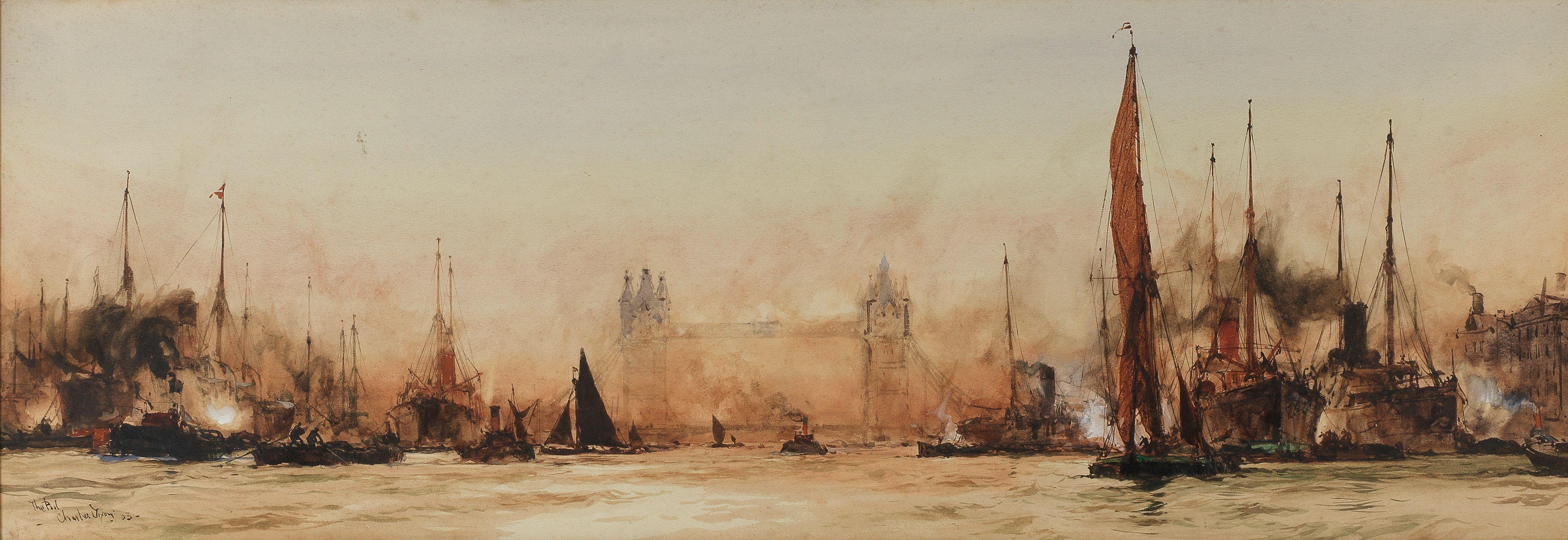 Charles Edward Dixon - \'The Pool\' with Tower Bridge beyond