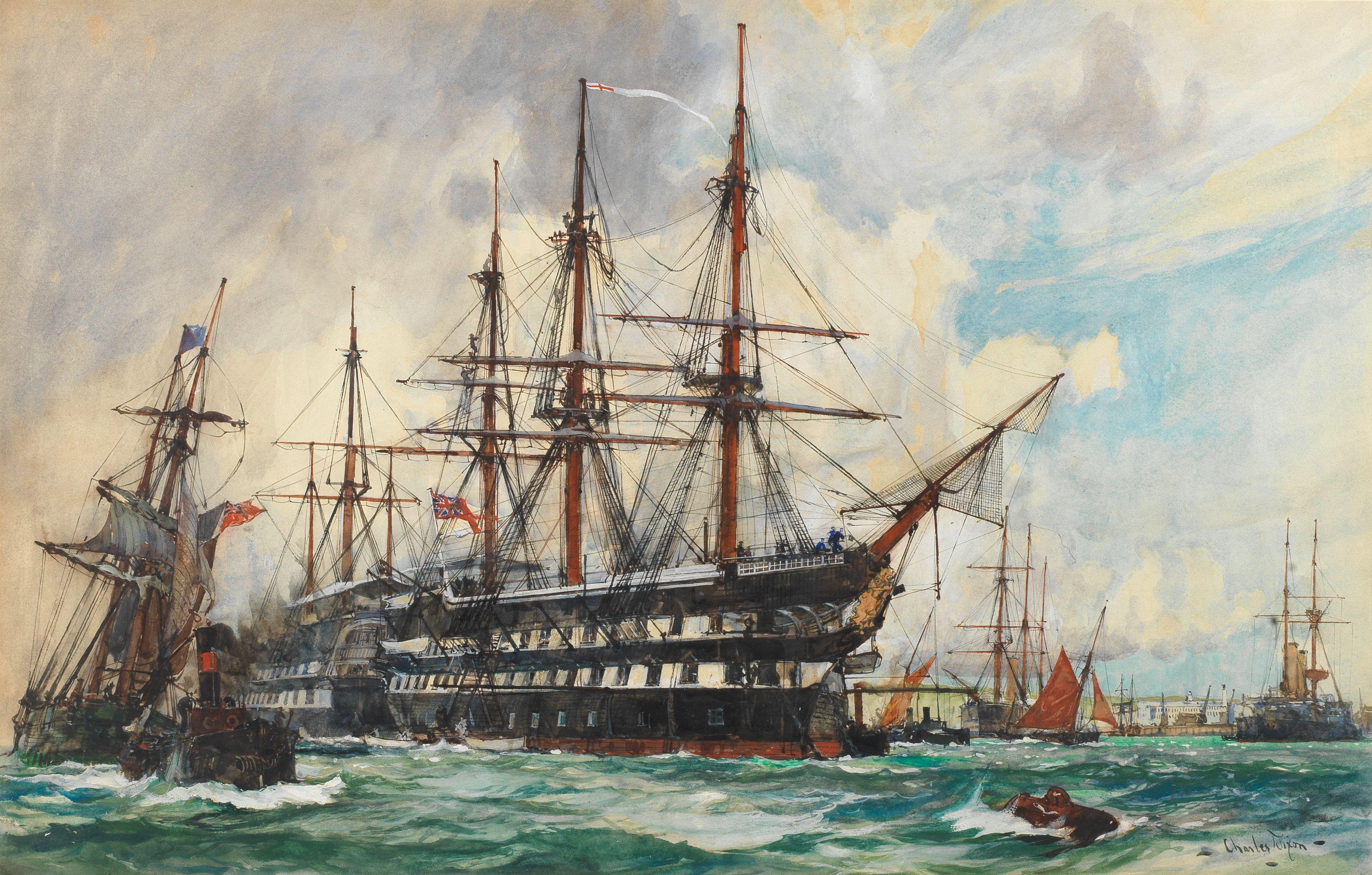 Charles Edward Dixon - The training ship Lion at Devonport, 1901