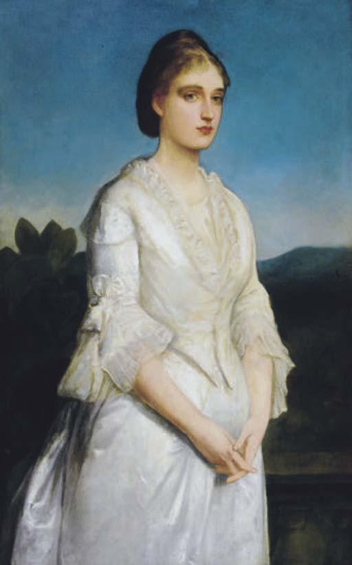 Charles Edward Hallé - Portrait of Mrs. S. Dickinson, Standing Three-Quarter Length, In A White Dress, In A Landscape